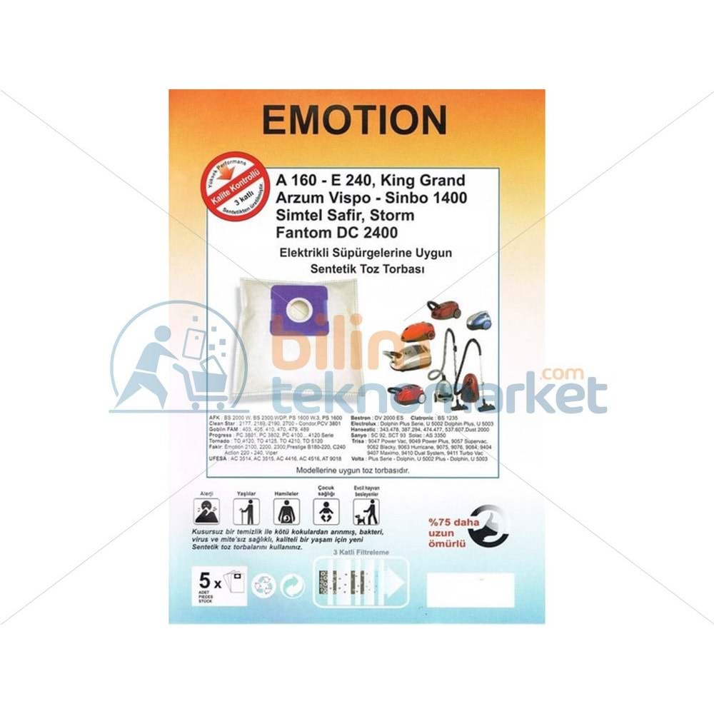 EMOTİON A 160 E 240 KİNG GRAND SÜPÜRGE TOZ TORBASI 5,Lİ PAKET