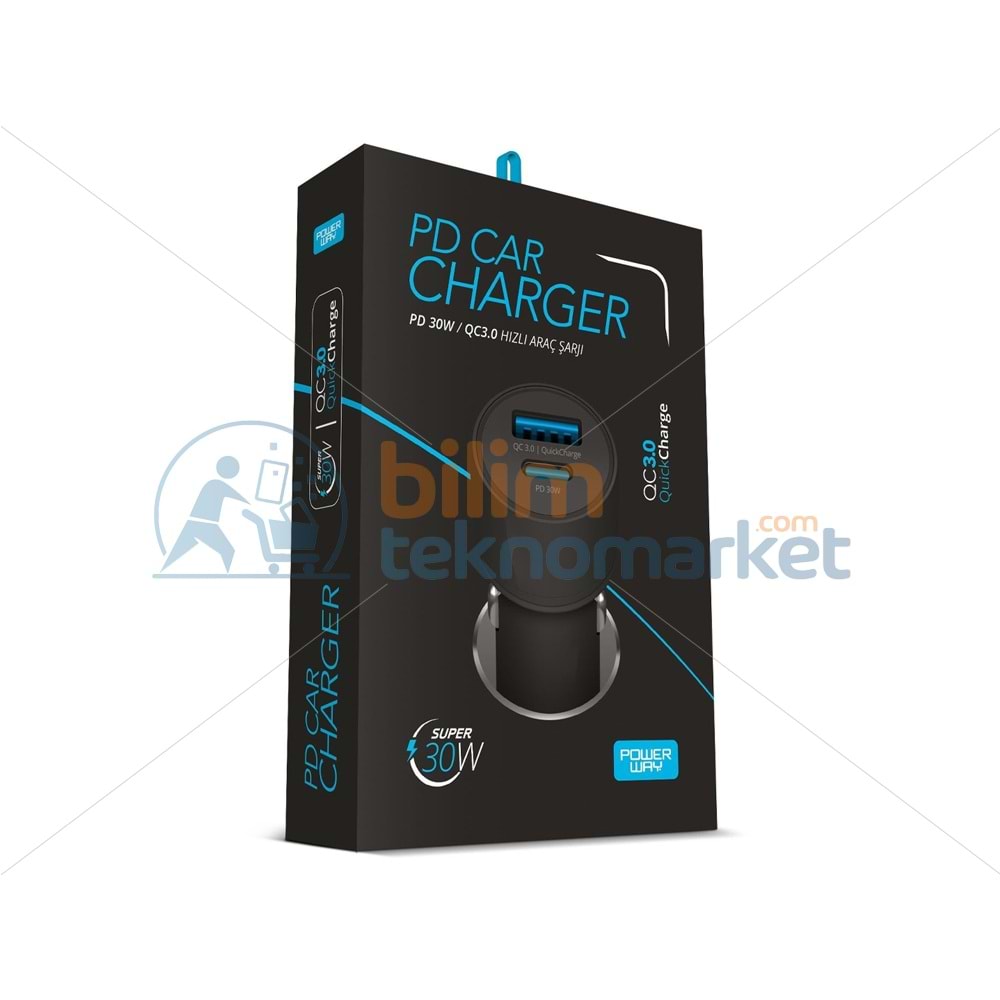POWERWAY CC34 30W PD + QC 3.0 ÇİFT ÇIKIŞLI METAL ARAÇ ÇAKMAKLIK HIZLI ŞARJ ALETİ CİHAZI 29400