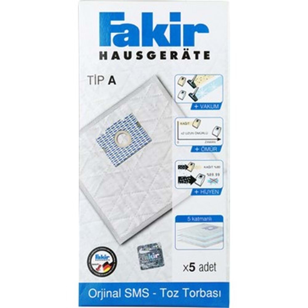 FAKİR SC-ÖKO POWER TİP A ELEKTRİKLİ SÜPÜRGE SENTETİK BEZ TOZ TORBASI KUTULU 5 Lİ PAKET ORJİNAL