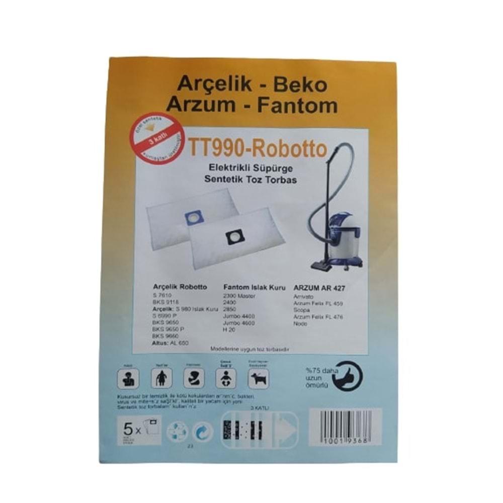 ARÇELİK S 7610 ROBOTTO ELEKTRİKLİ SÜPÜRGE SENTETİK TOZ TORBA 5 Lİ PAKET 1. KALİTE