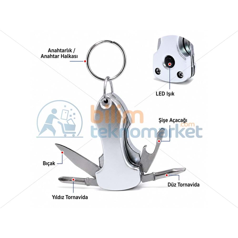 ÇOK FONKSİYONLU MİNİ ÇAKI ANAHTARLIK + LED IŞIKLI TAŞINABİLİR CEP ALETİ