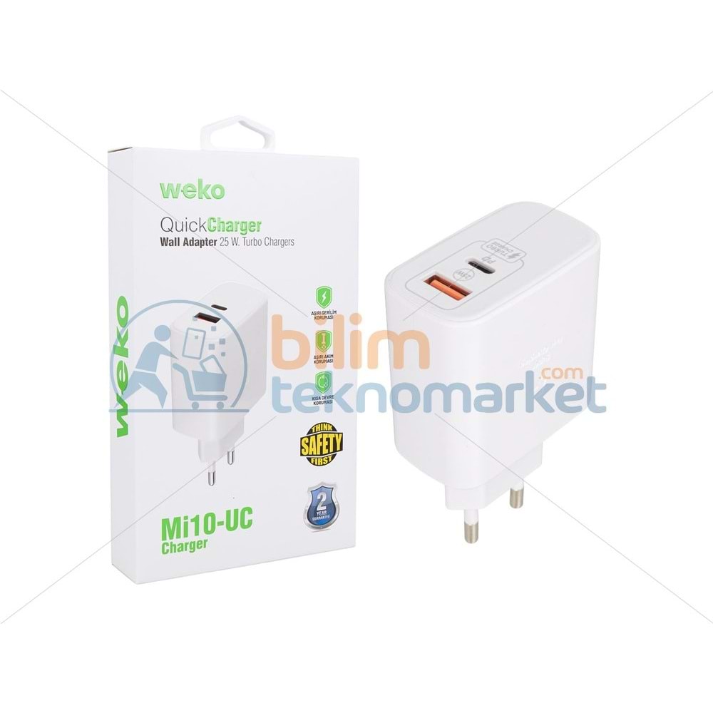 WEKO WK-21446 Mİ10-UC 25 WATT 3.0 AMPER TYPE-C + USB ŞARJ BAŞLIK ADAPTÖRÜ 21446