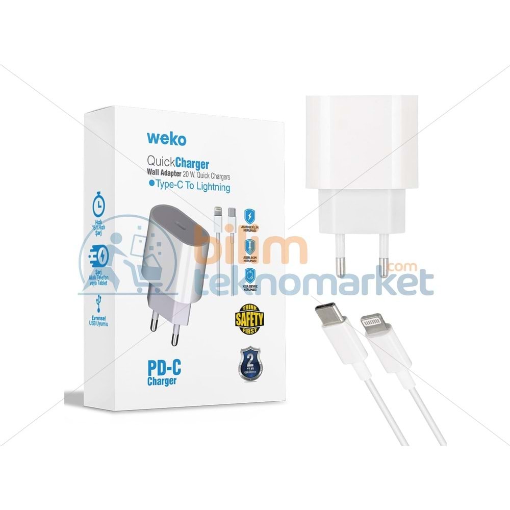 WEKO WK-21443 PD-C 20 WATT TYPE-C ŞARJ BAŞLIK ADAPTÖRÜ + TYPE-C TO IPHONE LIGHTNING 21443