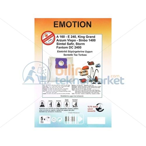 EMOTİON A 160 E 240 KİNG GRAND SÜPÜRGE TOZ TORBASI 5,Lİ PAKET