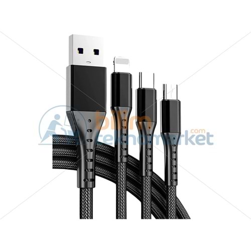 POWERMASTER PM-26332 3IN1 SİYAH 1.2 METRE (MICRO USB - LIGHTNING - TYPE C) TELEFON ŞARJ KABLOSU 26332