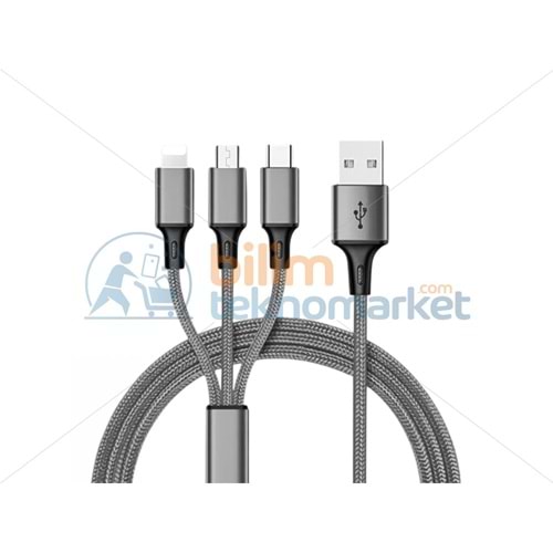 POWERMASTER PM-26335 3IN1 GÜMÜŞ 1.2 METRE (MICRO USB - LIGHTNING - TYPE C) TELEFON ŞARJ KABLOSU 26335