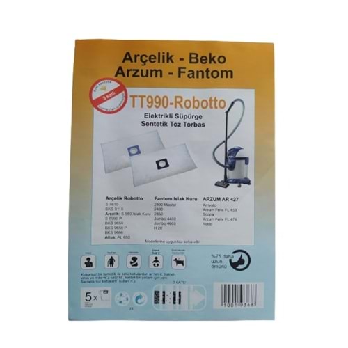 ARÇELİK S 7610 ROBOTTO ELEKTRİKLİ SÜPÜRGE SENTETİK TOZ TORBA 5 Lİ PAKET 1. KALİTE