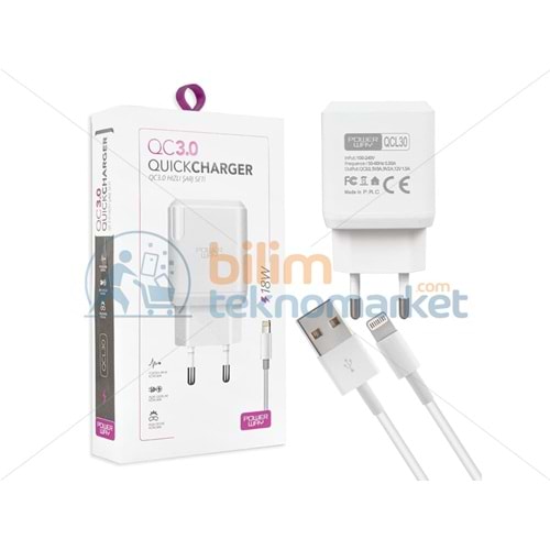 POWERWAY QCL30 HIZLI 3000 MA 18W LIGHTNING ŞARJ KAFA BAŞLIK ADAPTÖRÜ