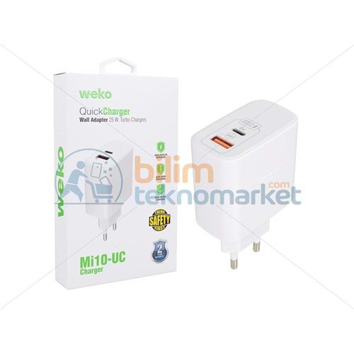 WEKO WK-21446 Mİ10-UC 25 WATT 3.0 AMPER TYPE-C + USB ŞARJ BAŞLIK ADAPTÖRÜ 21446