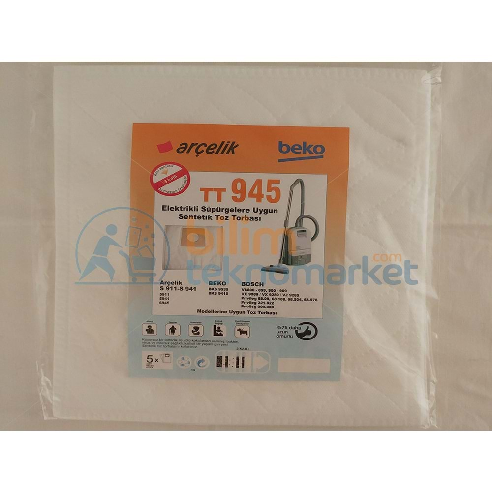 ARÇELİK TT945 ELEKTRİKLİ SÜPÜRGE SENTETİK TOZ TORBASI 5 Lİ PAKET 1. KALİTE