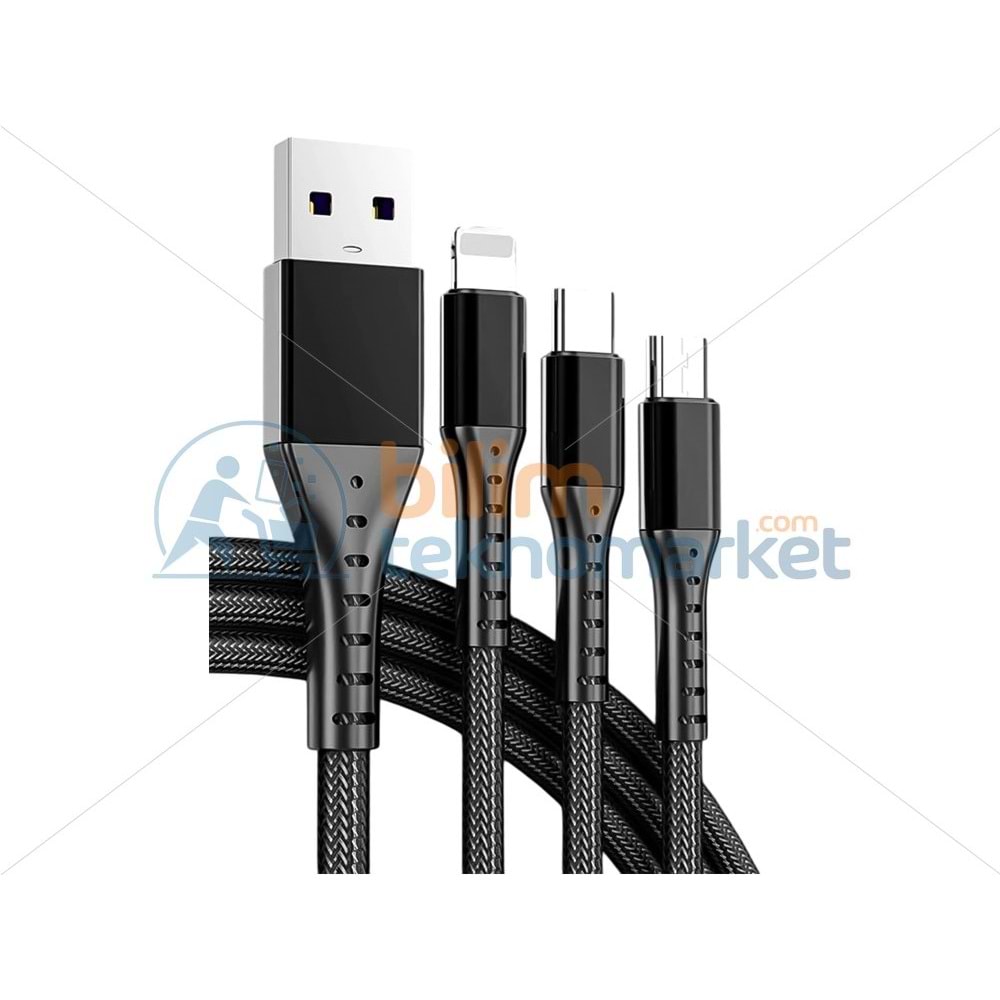 POWERMASTER PM-26332 3IN1 SİYAH 1.2 METRE (MICRO USB - LIGHTNING - TYPE C) TELEFON ŞARJ KABLOSU 26332