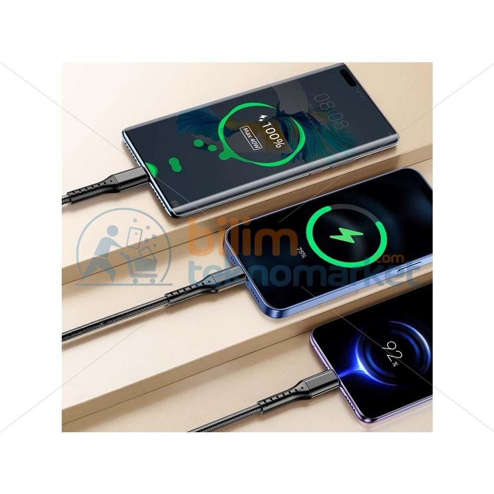 POWERMASTER PM-26332 3IN1 SİYAH 1.2 METRE (MICRO USB - LIGHTNING - TYPE C) TELEFON ŞARJ KABLOSU 26332