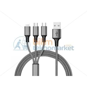POWERMASTER PM-26335 3IN1 GÜMÜŞ 1.2 METRE (MICRO USB - LIGHTNING - TYPE C) TELEFON ŞARJ KABLOSU 26335