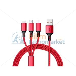 POWERMASTER PM-26336 3IN1 KIRMIZI 1.2 METRE (MICRO USB - LIGHTNING - TYPE C) TELEFON ŞARJ KABLOSU