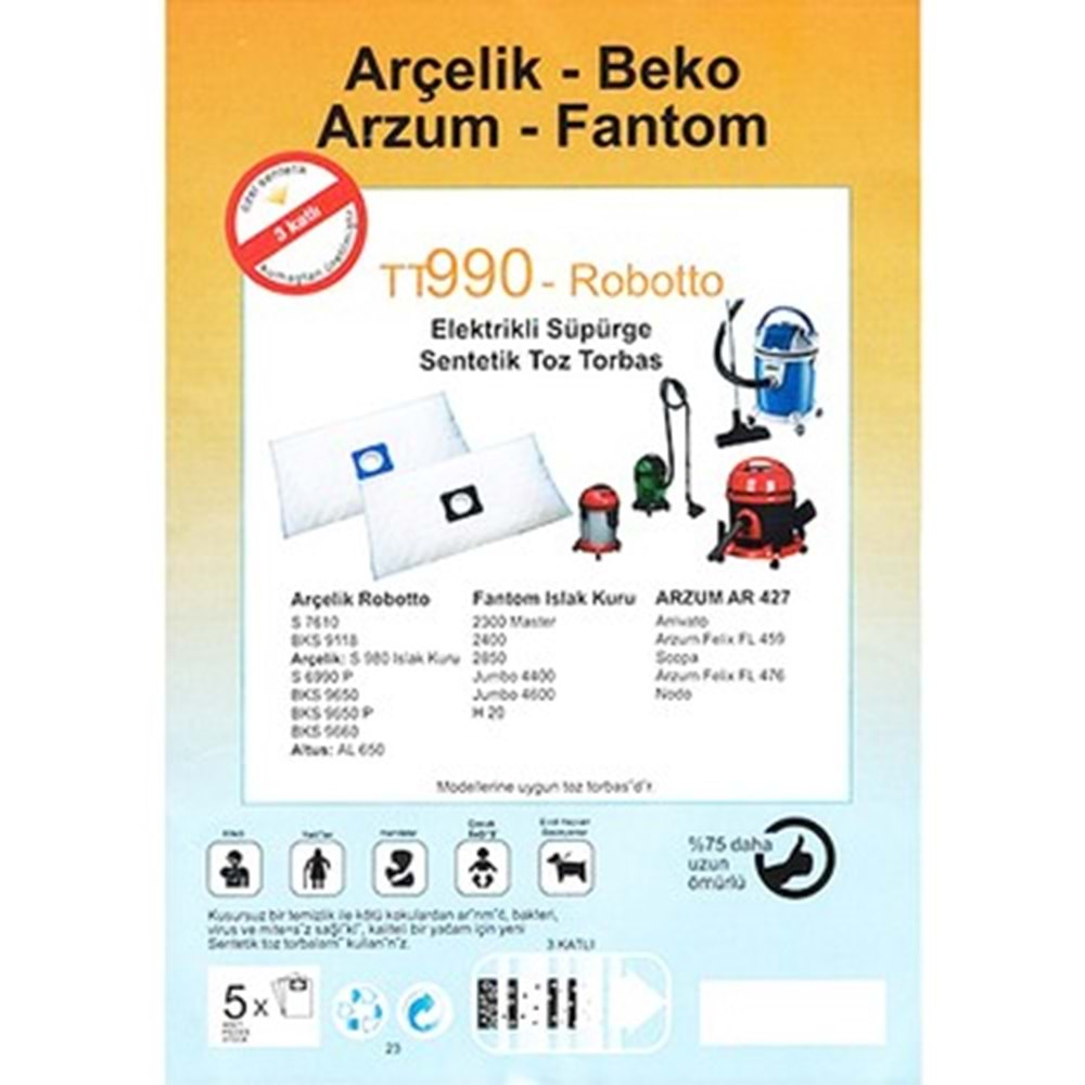 ARÇELİK_FANTOM_ARİVATO TT-990 SÜPÜRGE SENTETİK TOZ TORBASI 5 Lİ PAKET 1. KALİTE