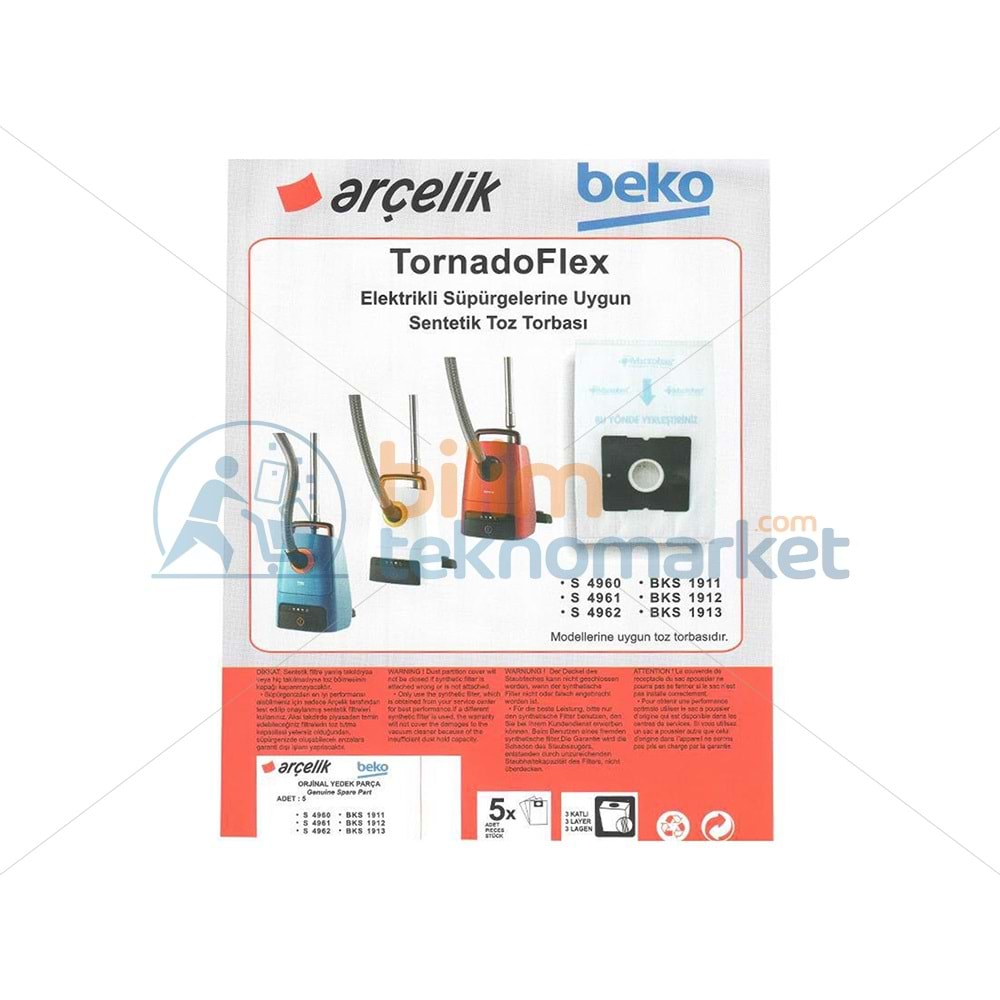 ARÇELİK S 4960 TornadoFlex Sentetik Toz Torbası 5,Li Paket Orijinal